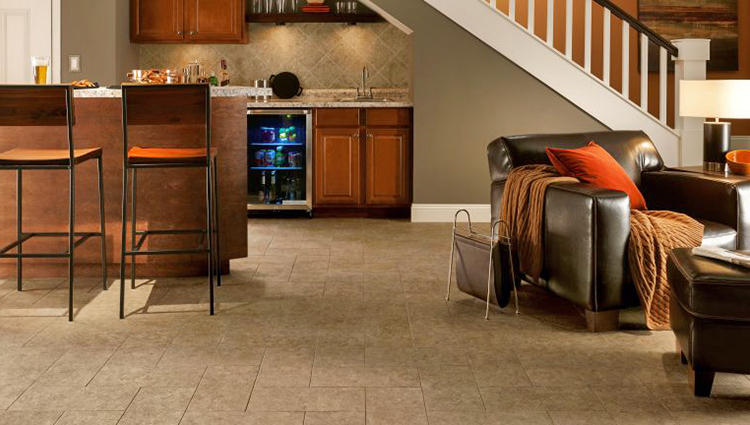 Engineered tile flooring in finished basement remodeling