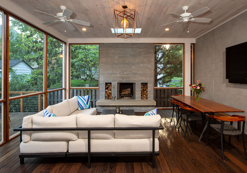 Screened porch with fireplace