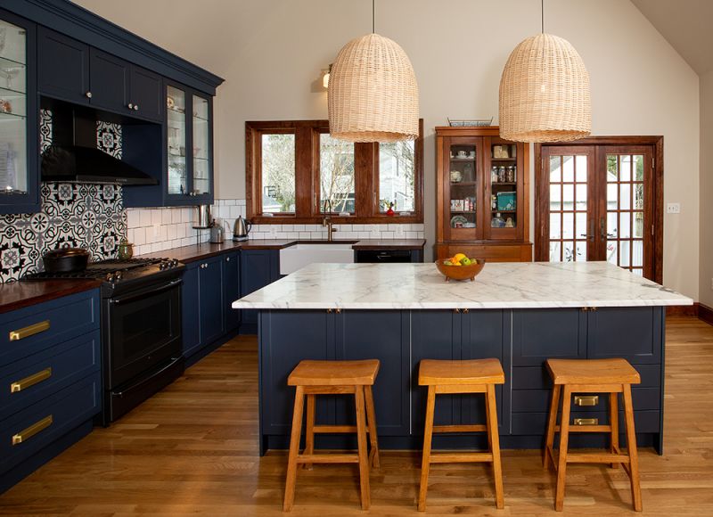 Blue custom kitchen with island