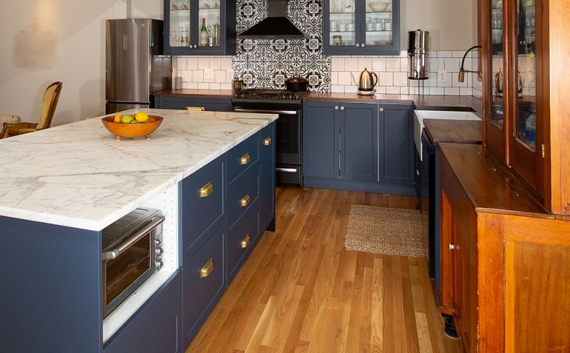 Blue custom kitchen with island 