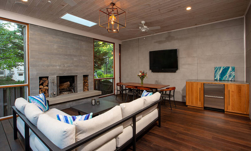Sunroom with fireplace