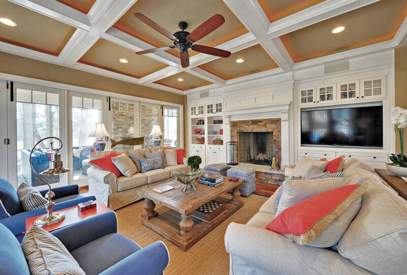 great room with fireplace and large screen tv