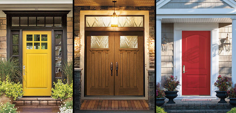 Three front doors in different colors